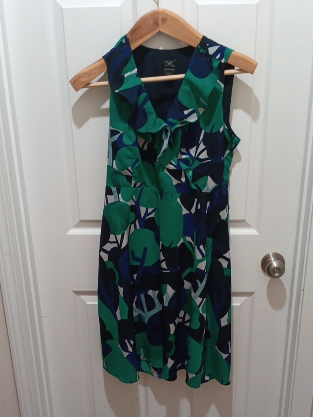 Ann Taylor Factory Green & Navy Abstract Ruffle-Front Midi Dress